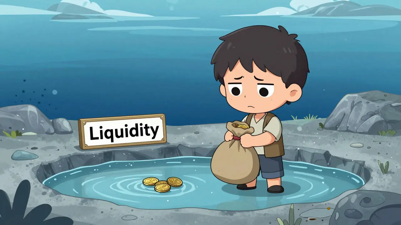 Chibi character hesitating over a shallow liquidity pool