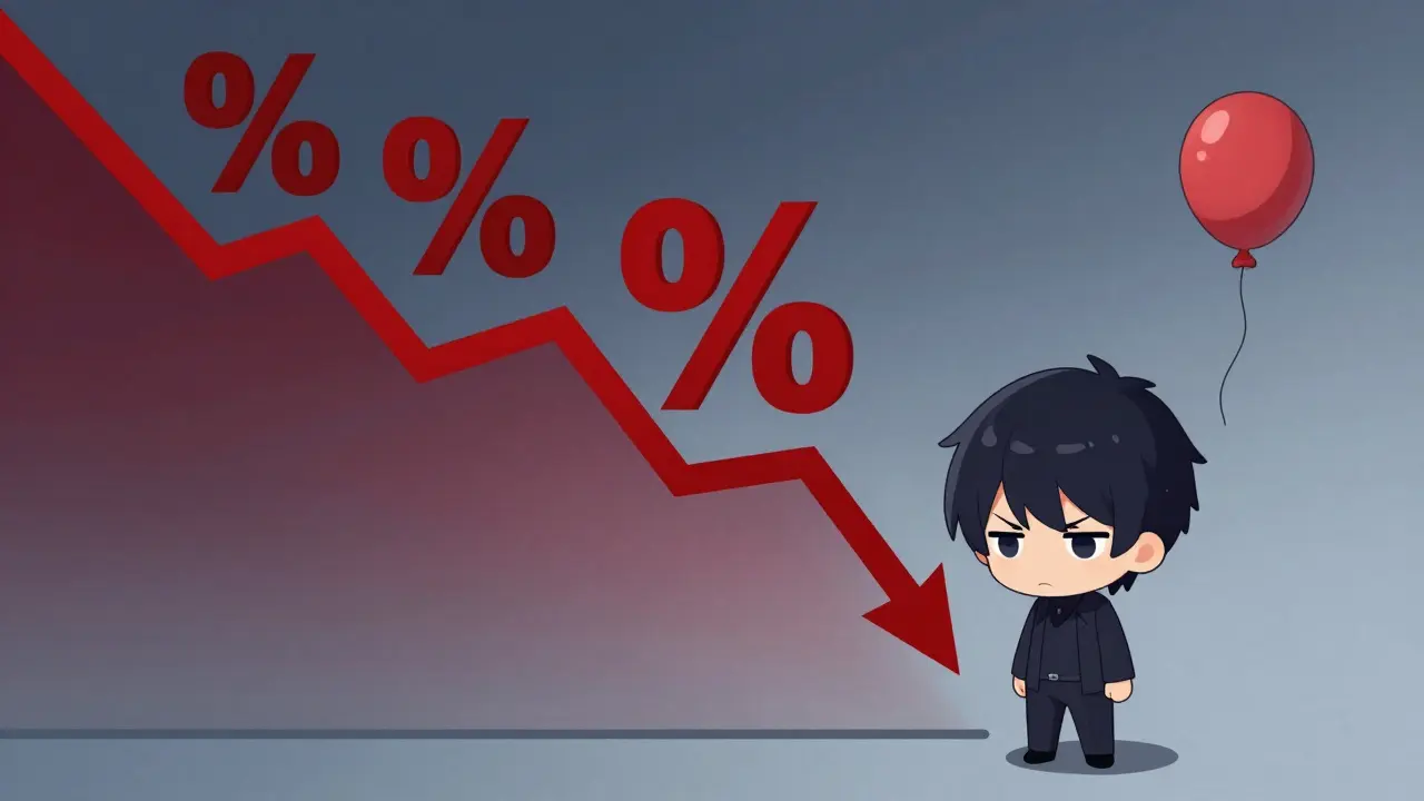 Chibi character looking sad next to a steep red downward price chart.