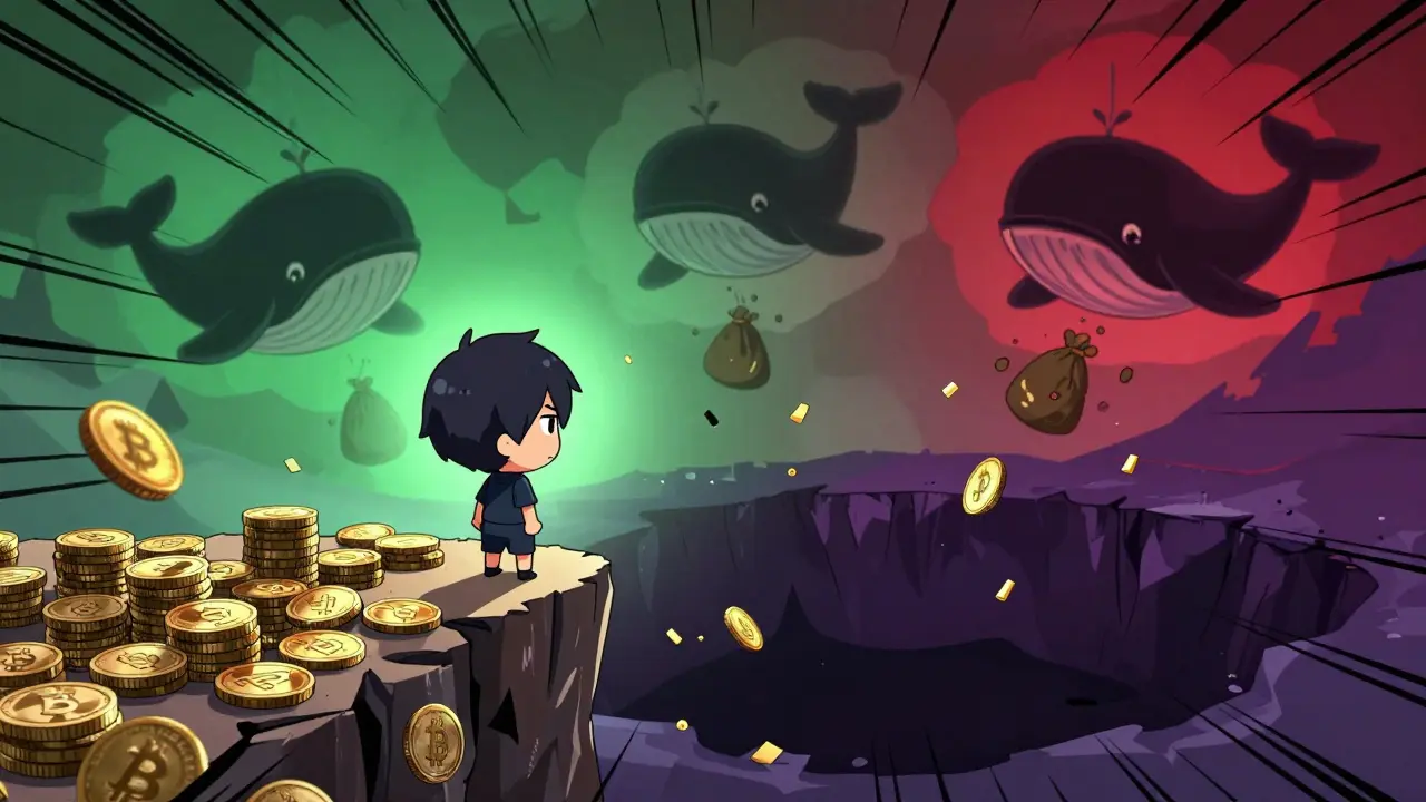 Chibi character losing coins as whales dump tokens in anime style