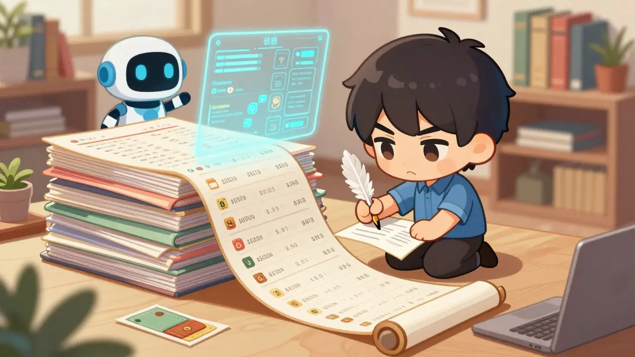 Chibi character organizing detailed crypto transaction records for taxes