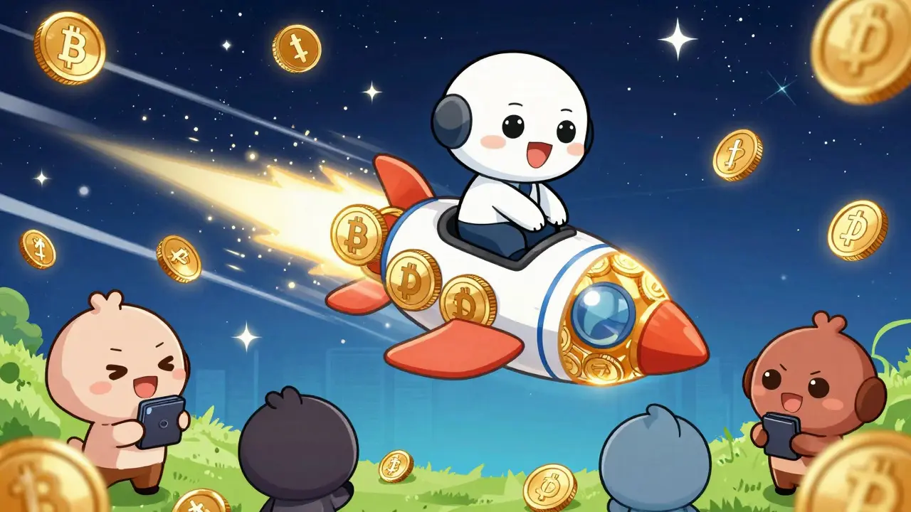 Chibi character riding a crypto rocket