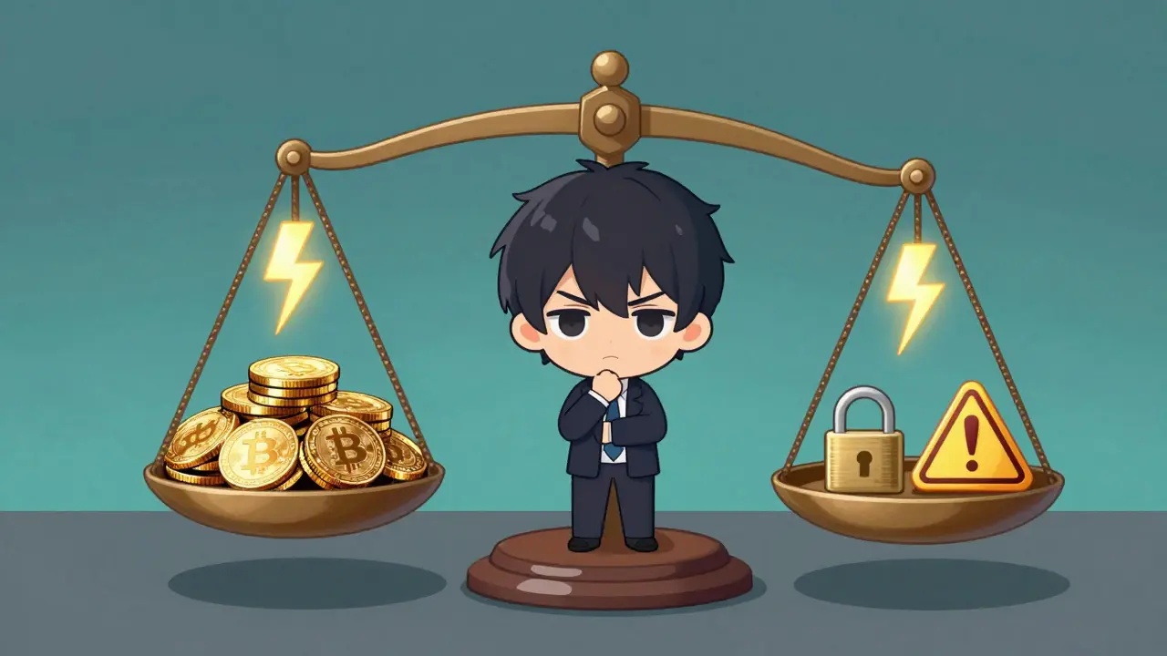 Chibi character weighing crypto rewards against risks like volatility and locks