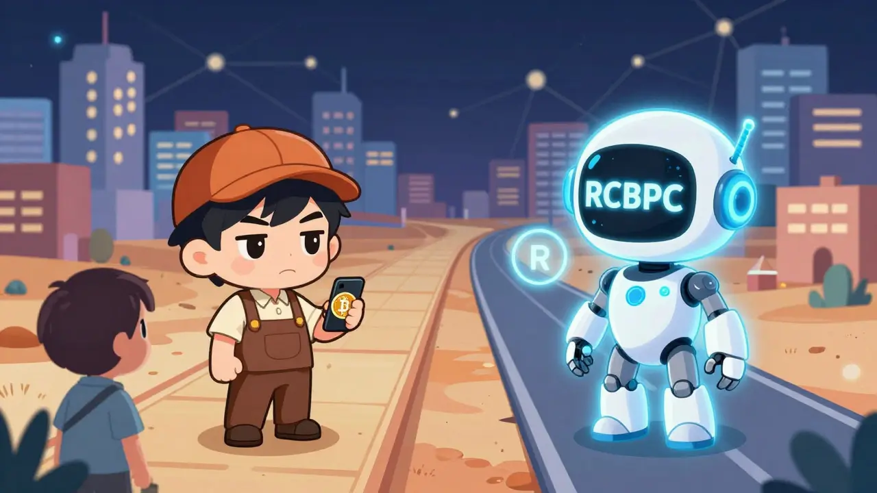 Chibi characters choosing between crypto and CBDC paths