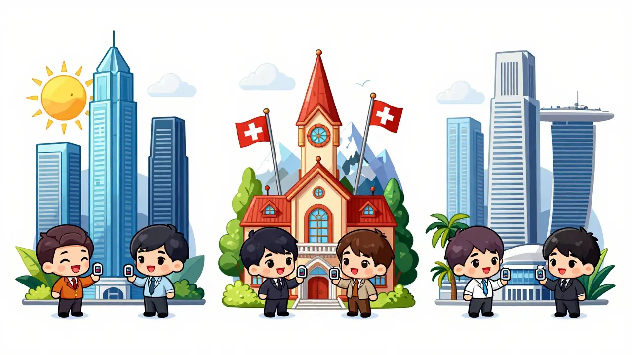 Chibi characters exchange crypto between UAE, Swiss, and Singapore cities