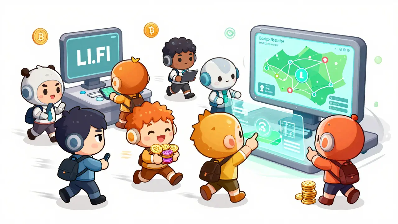 Chibi characters using friendly robot aggregators to swap crypto across chains in a vibrant market.