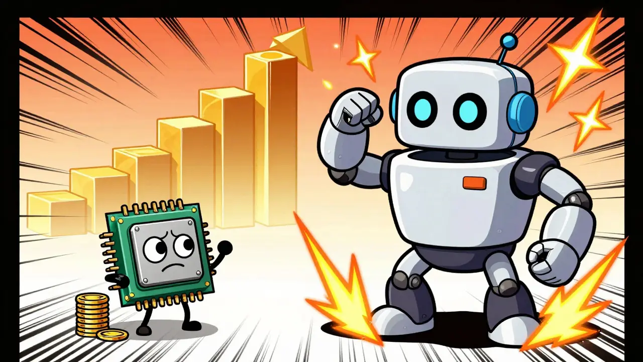 Chibi comparison of old CPU vs modern ASIC miner robots