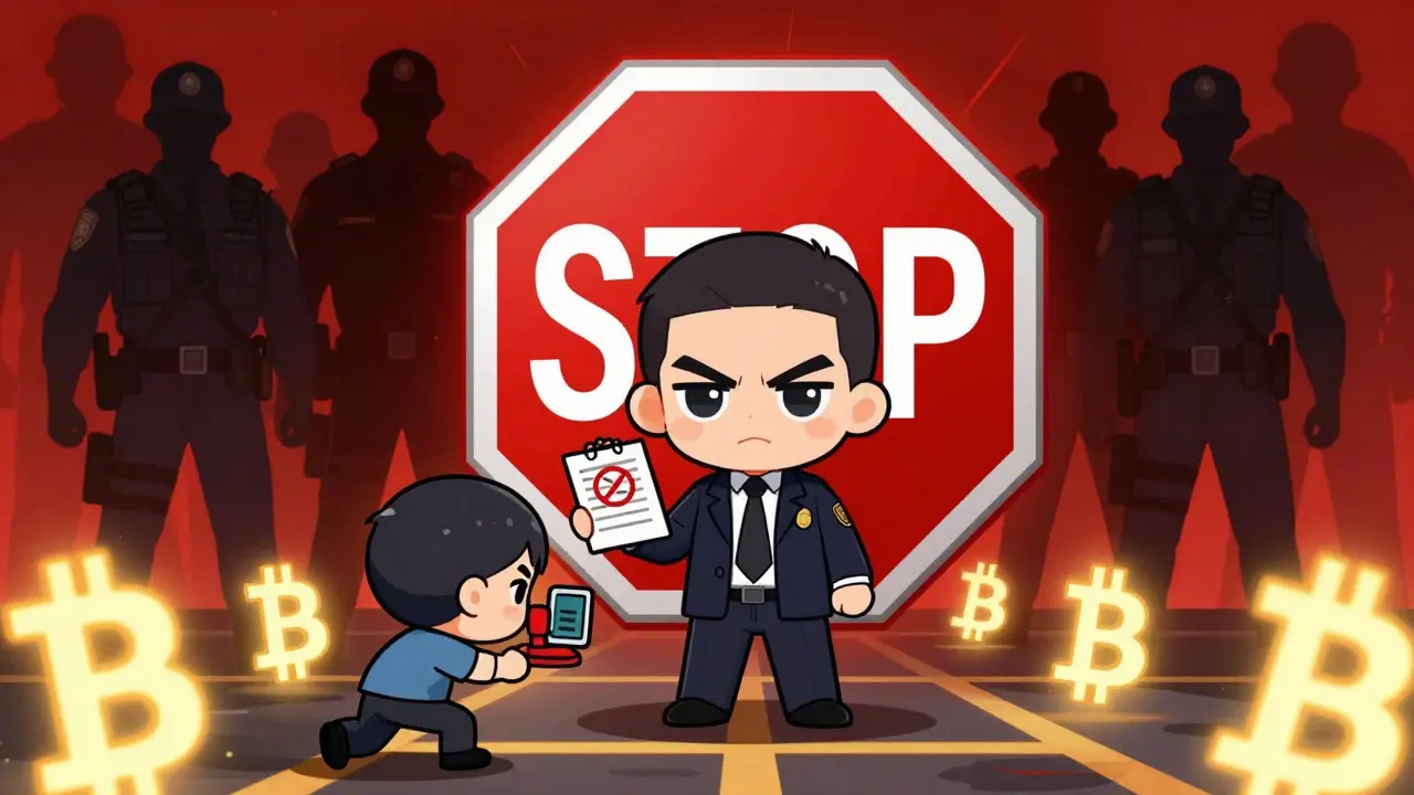Chibi compliance officer blocking crypto transactions in Cuba with red shield