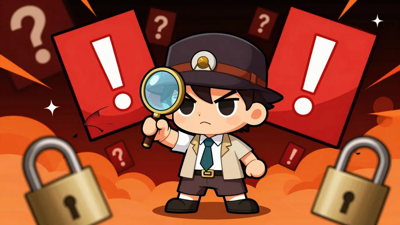 Chibi detective inspecting red flag warning signs
