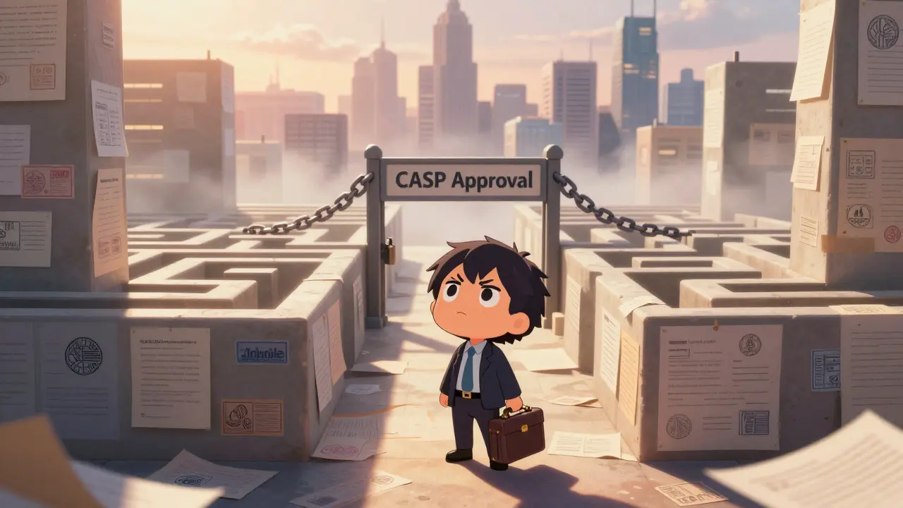 Chibi entrepreneur facing bureaucratic maze for crypto business approval