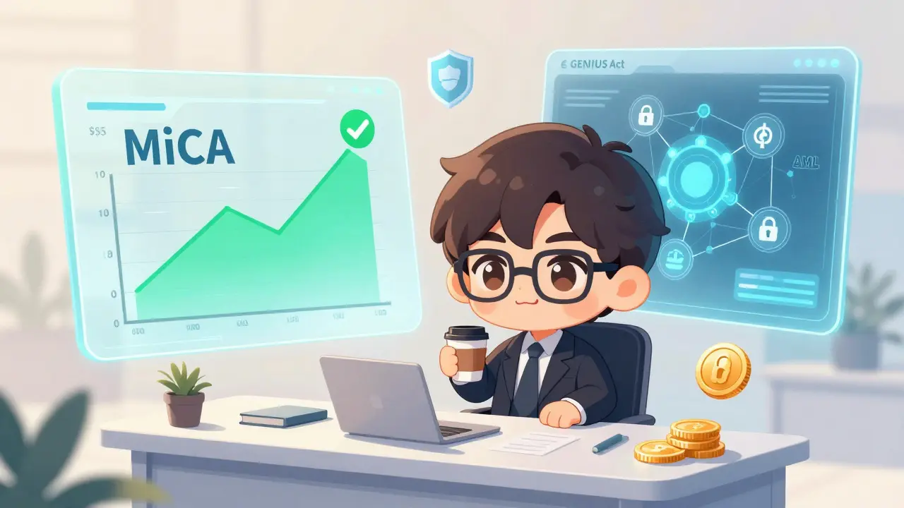 Chibi entrepreneur navigating global crypto compliance