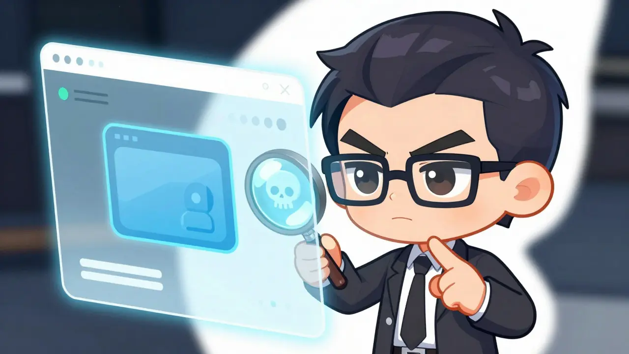Chibi hero using a magnifying glass to expose a crypto scam website interface.