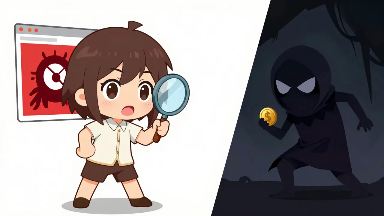 Chibi hero using a magnifying glass to spot a shady scammer in the metaverse