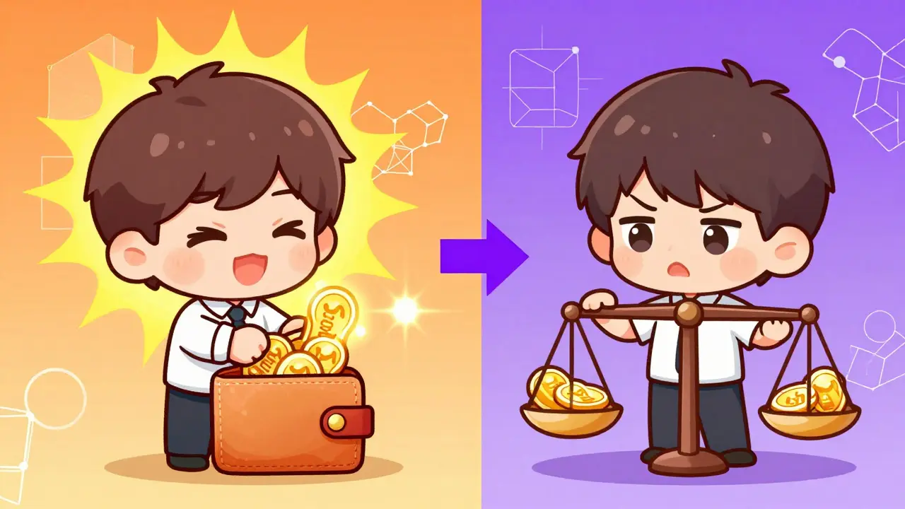 Chibi illustration explaining ordinary income vs capital gains in crypto