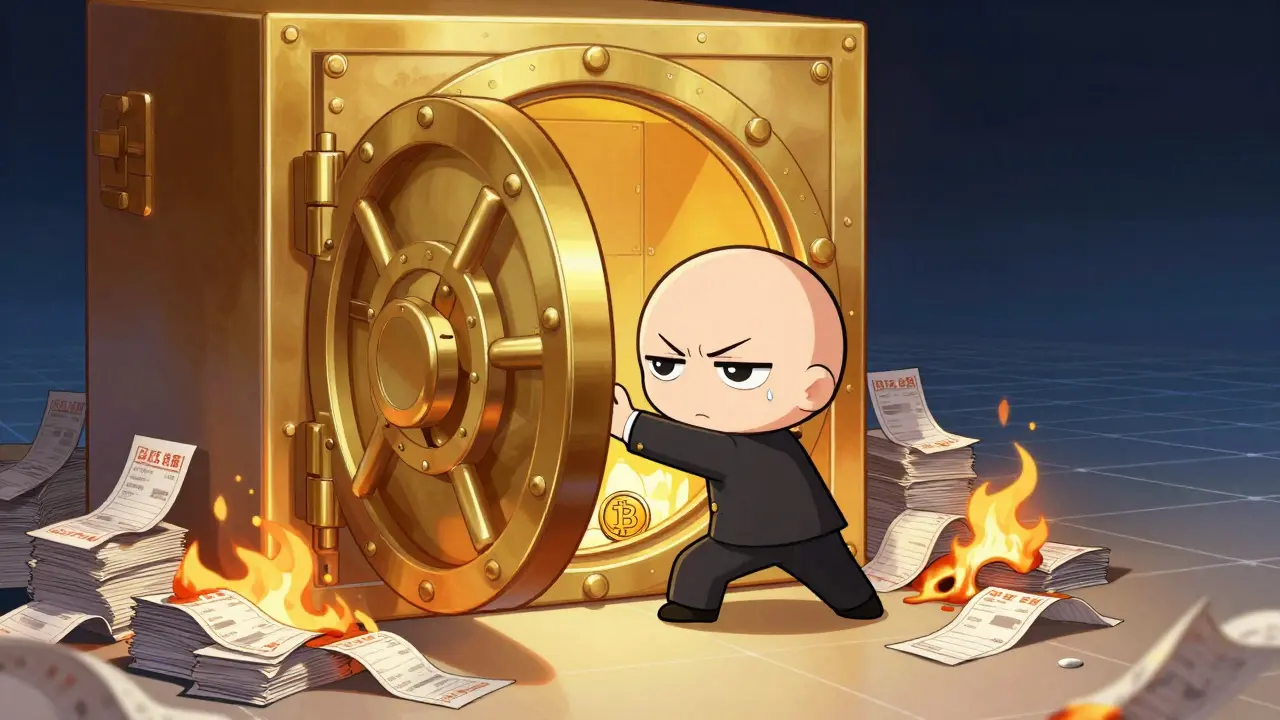 Chibi investor struggling with an empty golden vault and burning fees