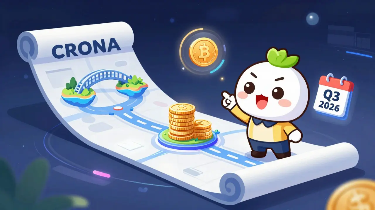 Chibi mascot pointing at a futuristic crypto roadmap