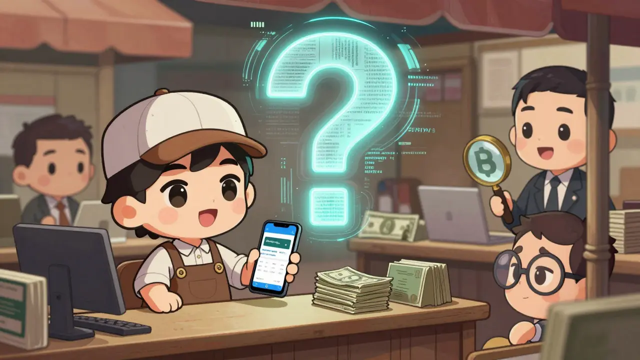 Chibi merchant in Syria navigating gray crypto rules with question mark icon