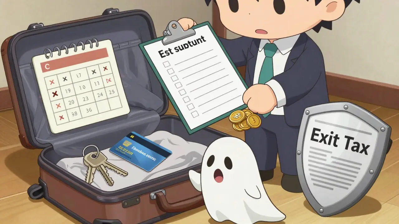 Chibi person packing for relocation while blocking a sneaky exit tax ghost.