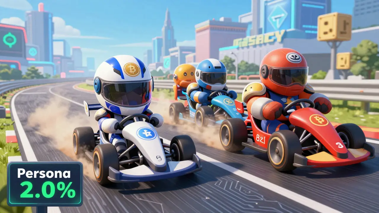 Chibi Persona racer winning against slow legacy competitors on a tech track.