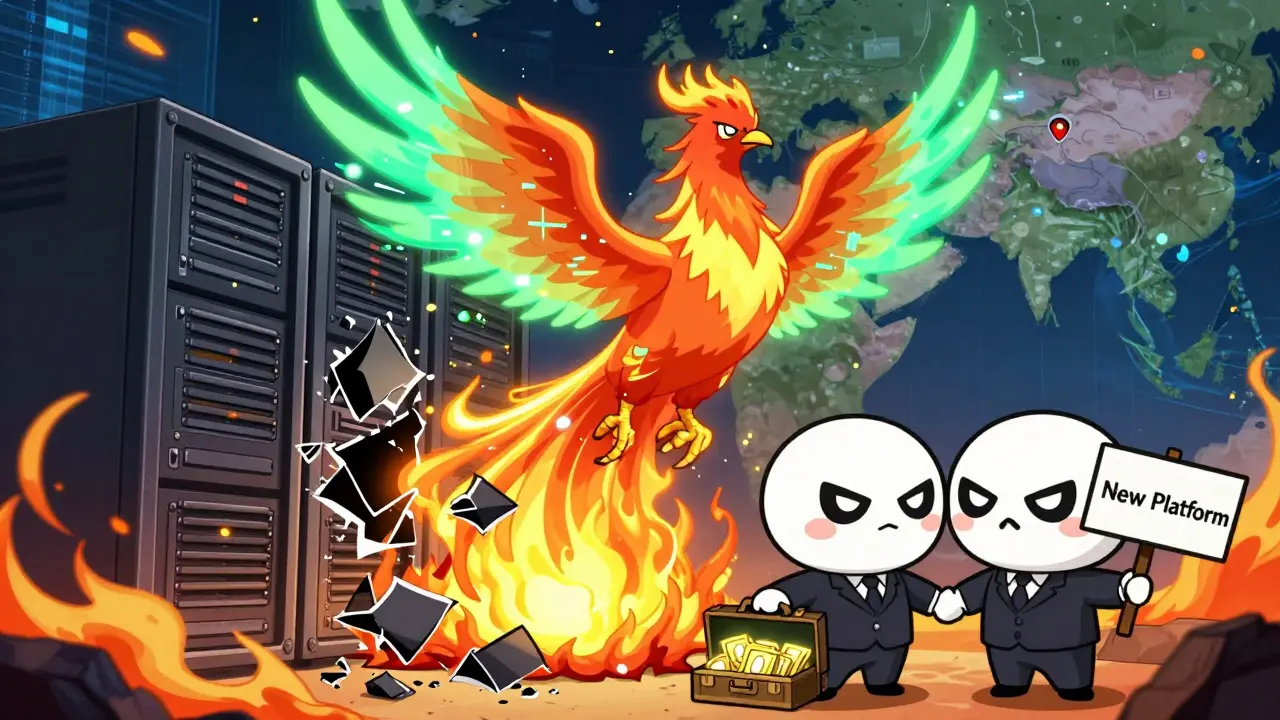Chibi phoenix rising from servers as shady figures trade crypto in a neon-lit scene.