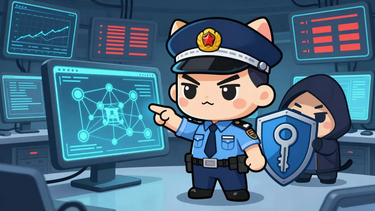 Chibi regulator analyzing blockchain data while a hacker tries to evade detection.