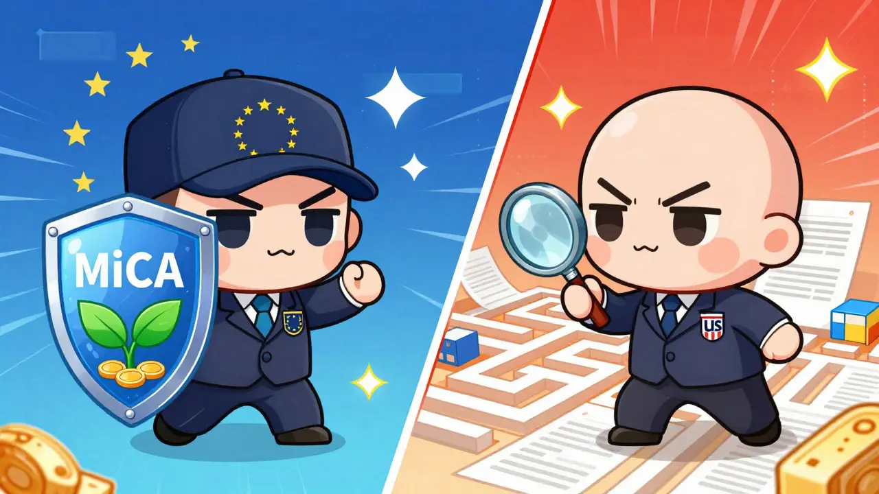 Chibi regulators showing MiCA vs US patchwork rules