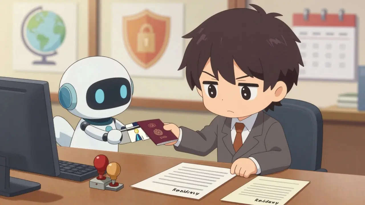 Chibi trader organizes residency and licensing documents at desk