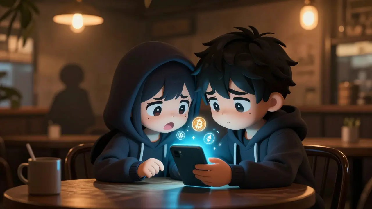 Chibi traders secretly using crypto in a cafe