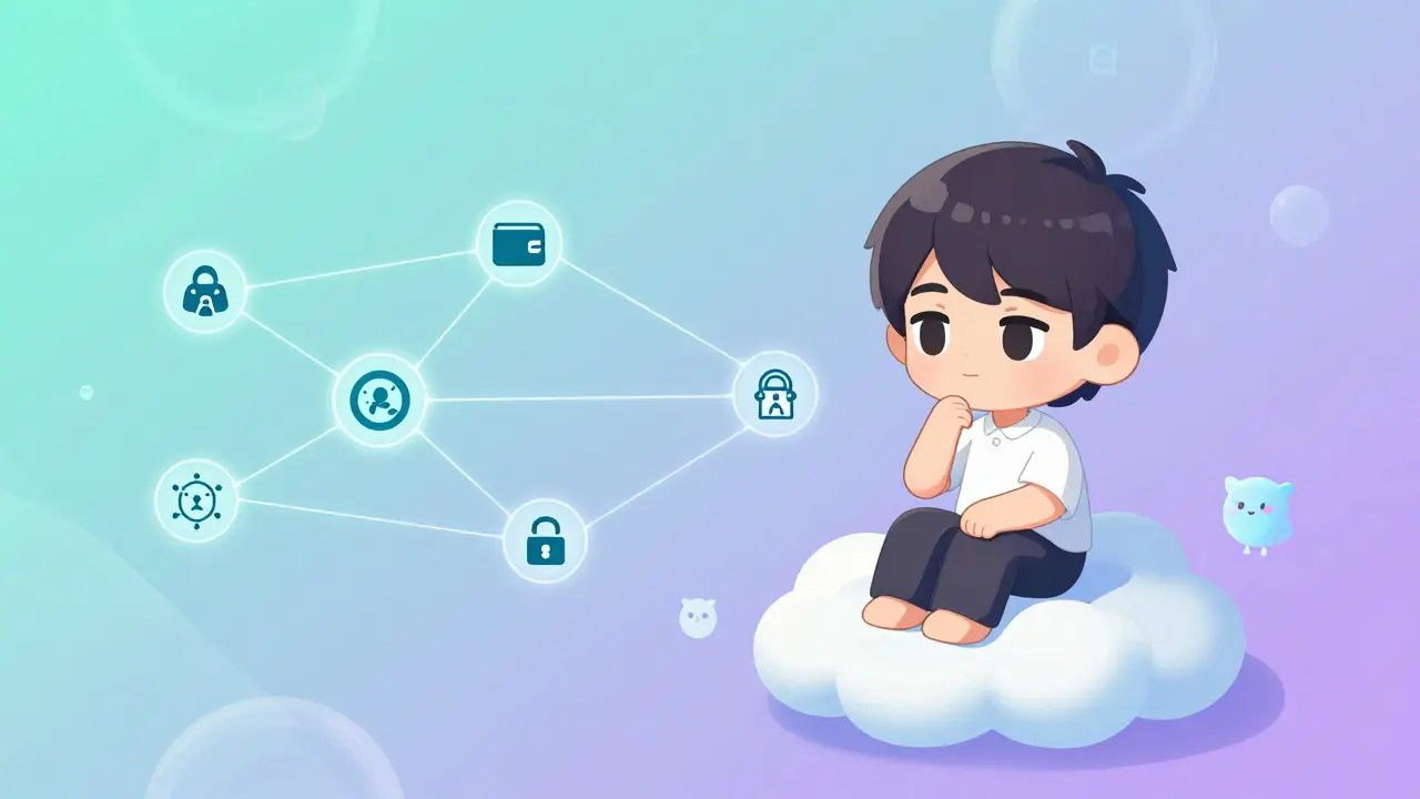 Chibi user effortlessly connecting to multiple chains via glowing threads in a serene, abstract setting.