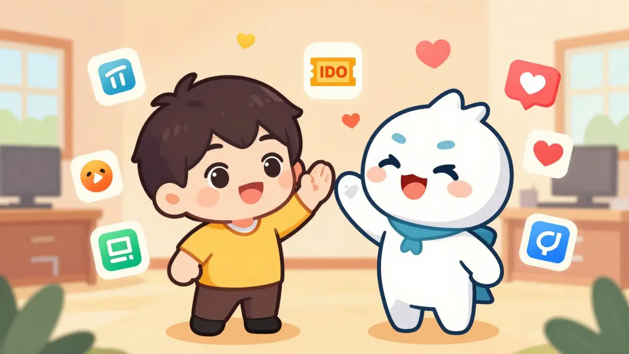 Cute chibi characters celebrating authentic crypto community engagement