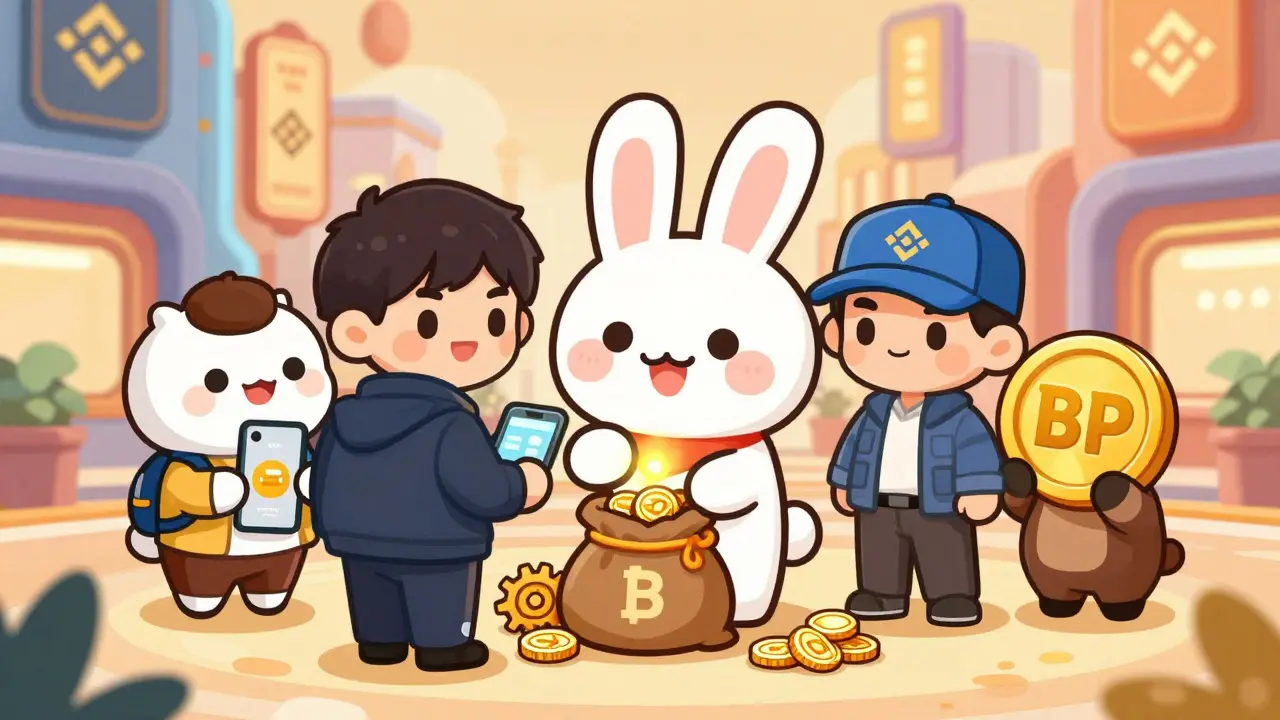 Cute chibi characters receiving BP tokens from a rabbit mascot in a vibrant crypto community scene.