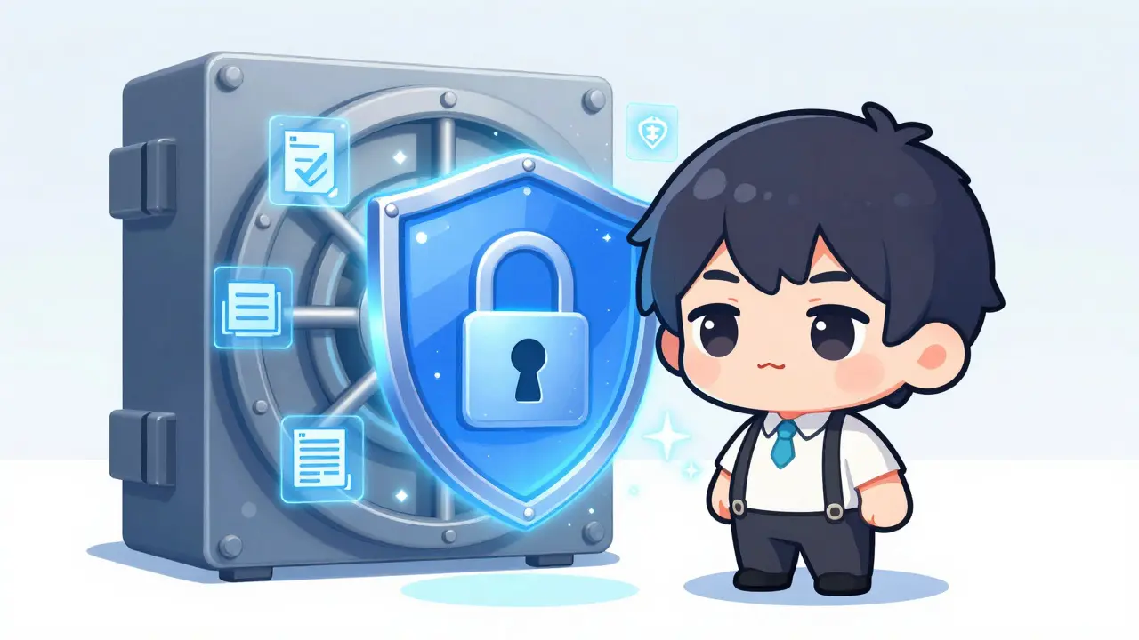 Cute chibi figure standing by a glowing shield protecting digital data icons.