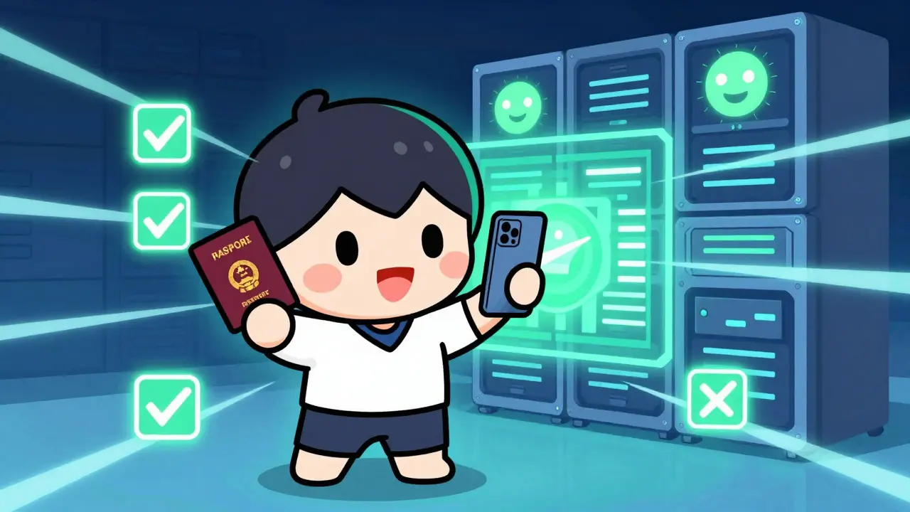 Cute chibi user undergoing fast ID verification with glowing tech effects.