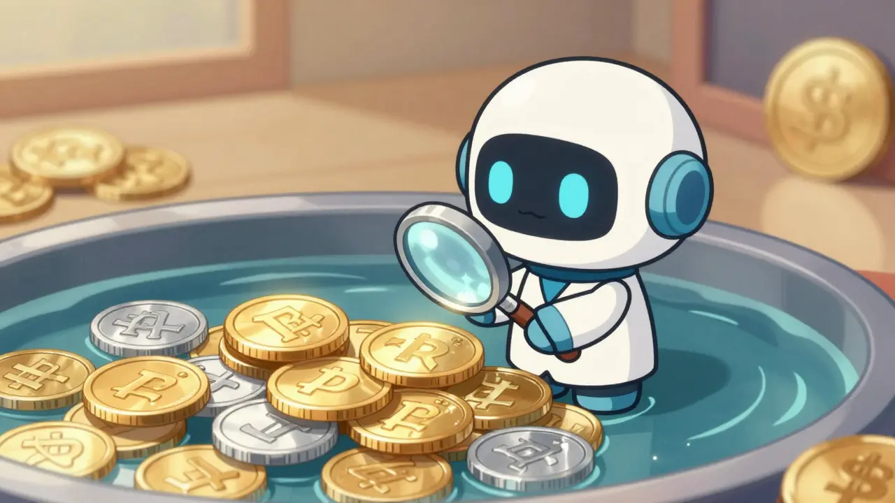 Cute robot inspecting deep pool of gold coins representing Fraxswap liquidity