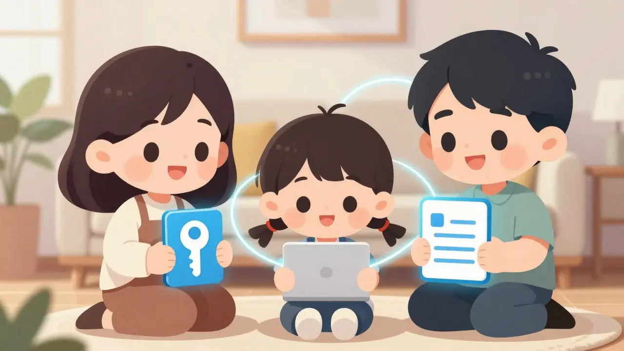 Happy chibi family members connected by glowing lines sharing secure info.