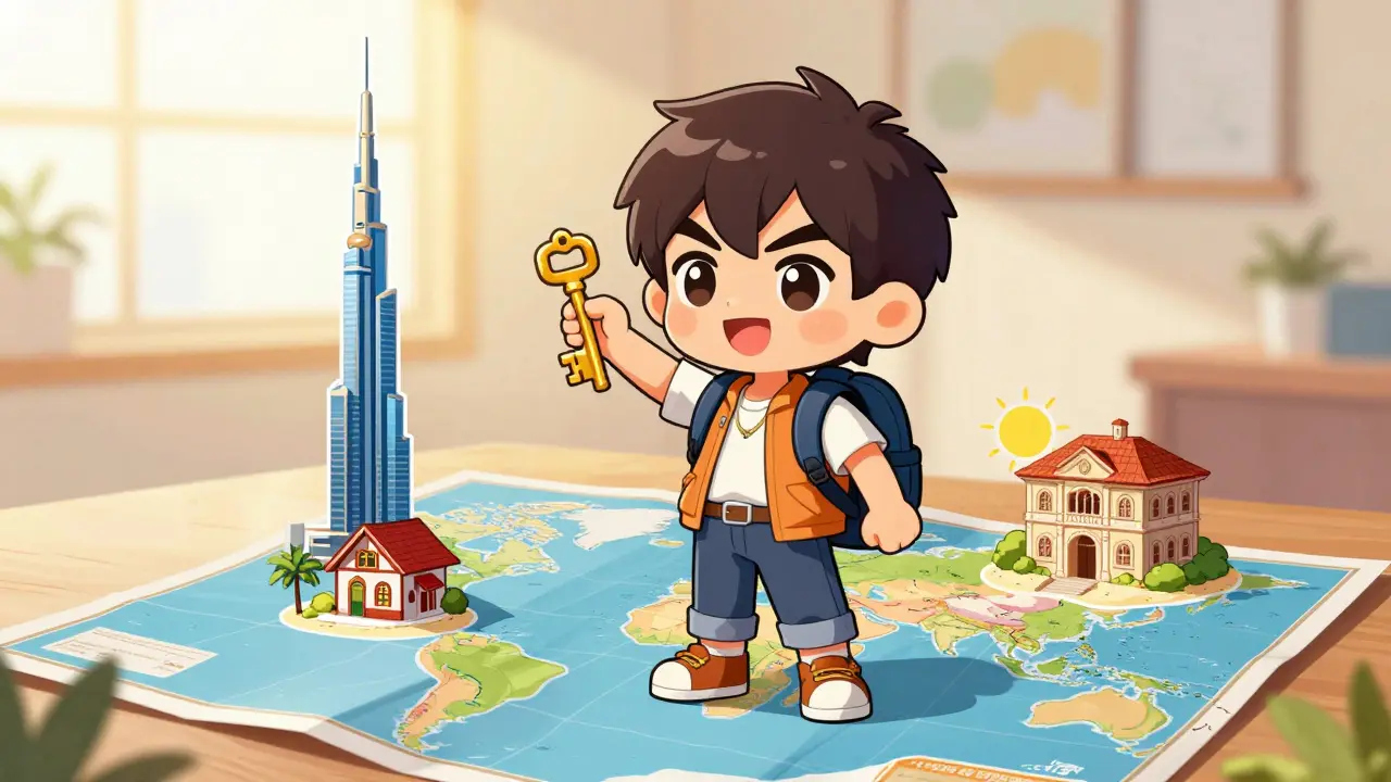 Happy chibi traveler pointing at crypto-friendly countries on a map.
