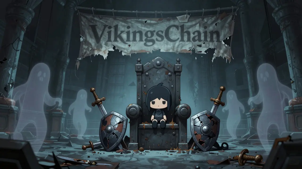 Sad chibi avatar sitting alone in an abandoned, dusty Viking gaming arena.