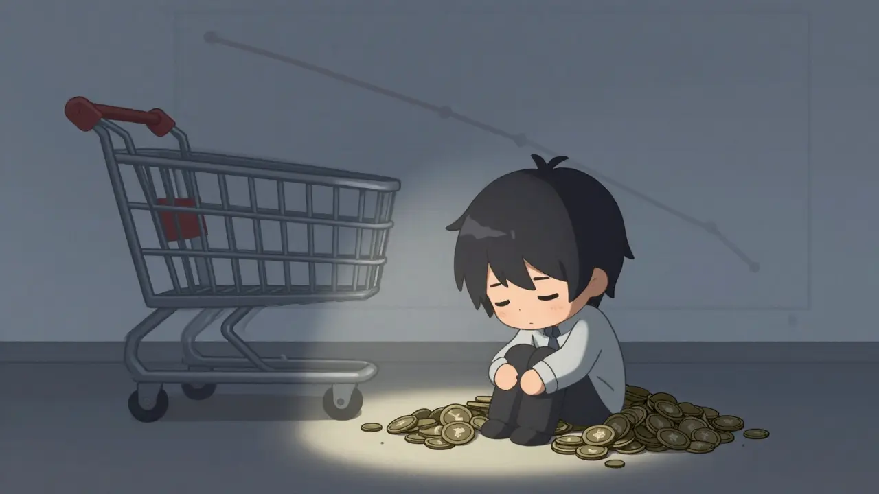Sad chibi character sitting on tiny worthless tokens