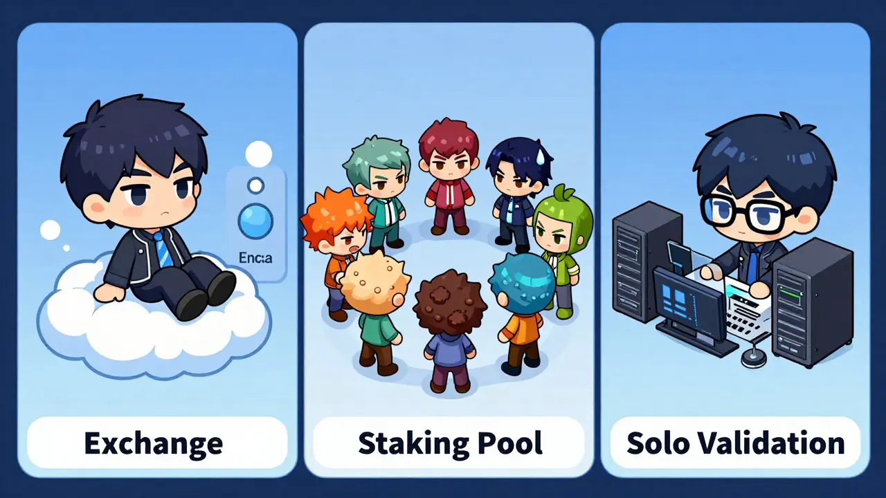 Three chibi characters illustrating exchange, pool, and solo staking methods