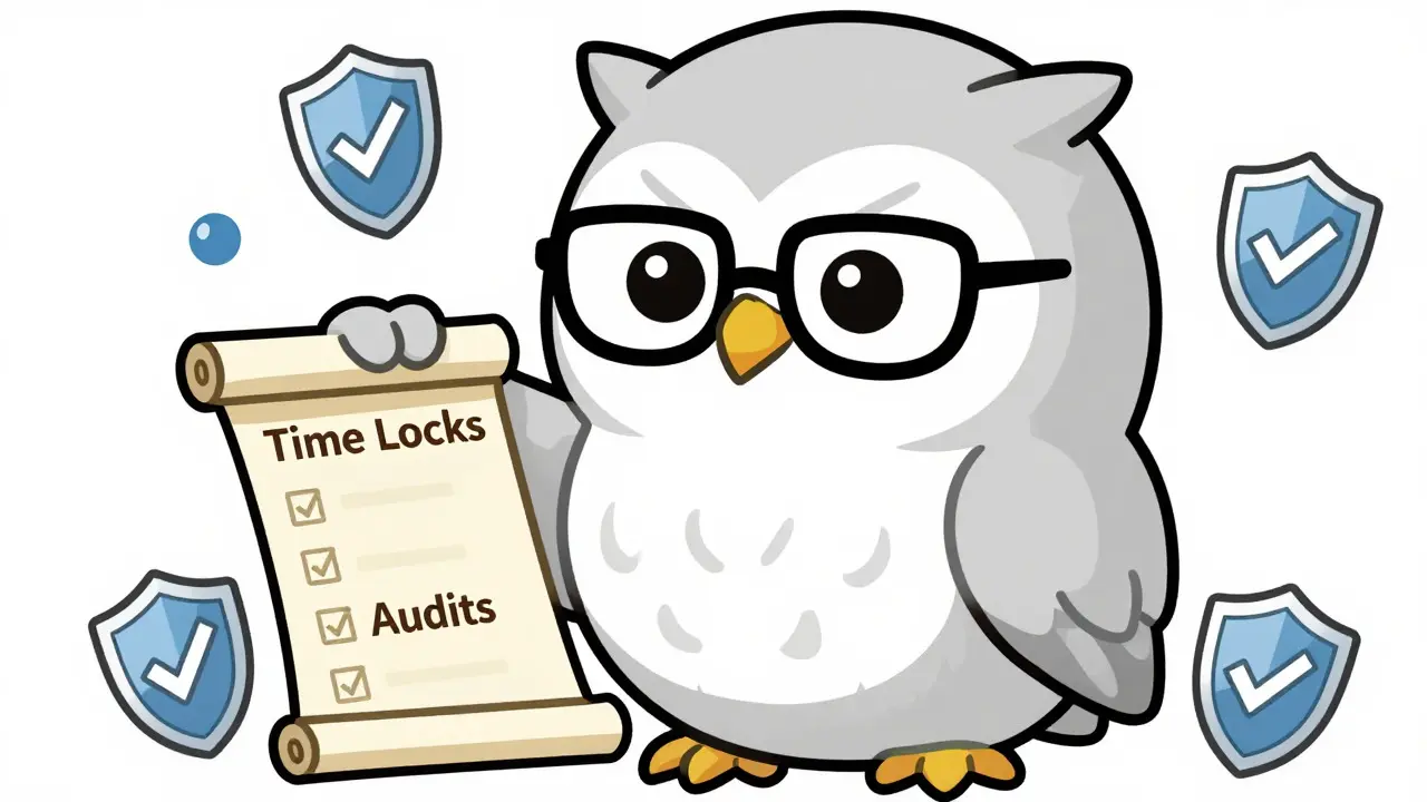 A wise chibi owl librarian emphasizing security measures against governance attacks, surrounded by symbolic shields and scrolls, drawn in a clean, high-contrast anime aesthetic.