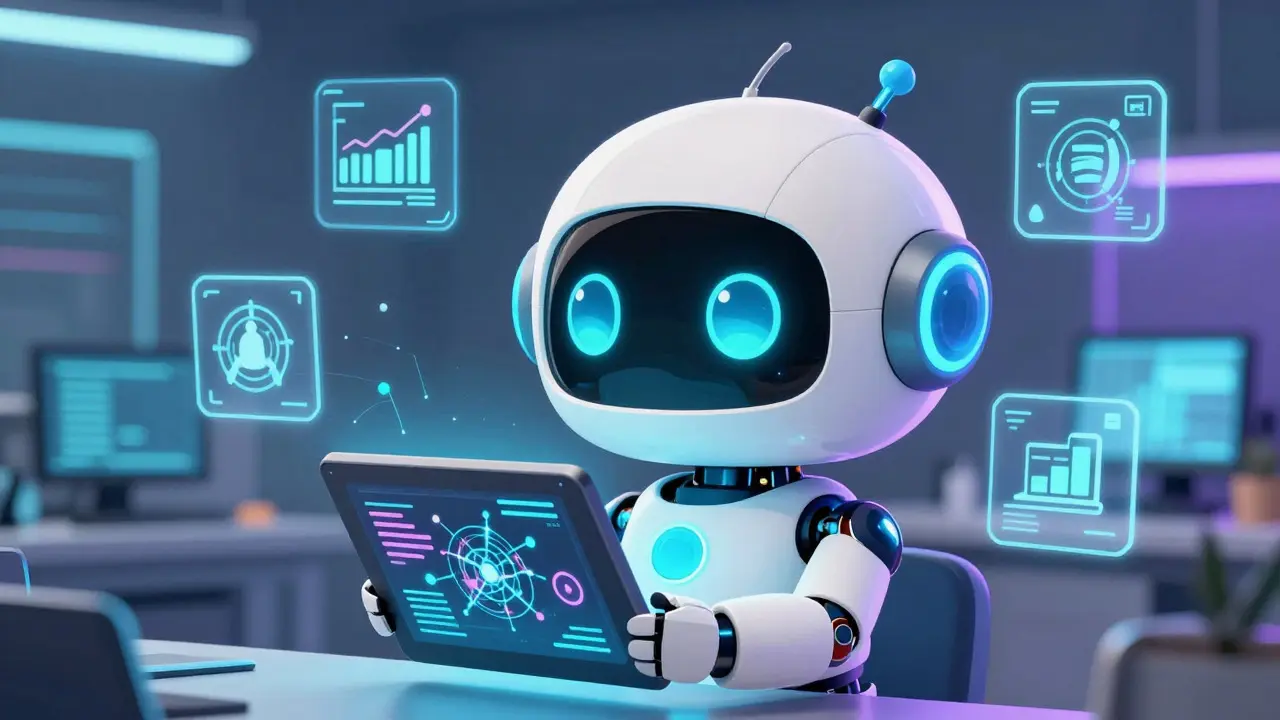 Adorable chibi AI robot analyzing data streams in a tech lab