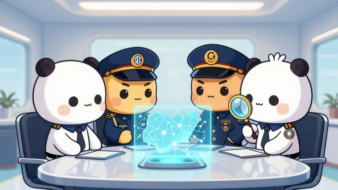 Adorable chibi regulators collaborating on digital asset oversight