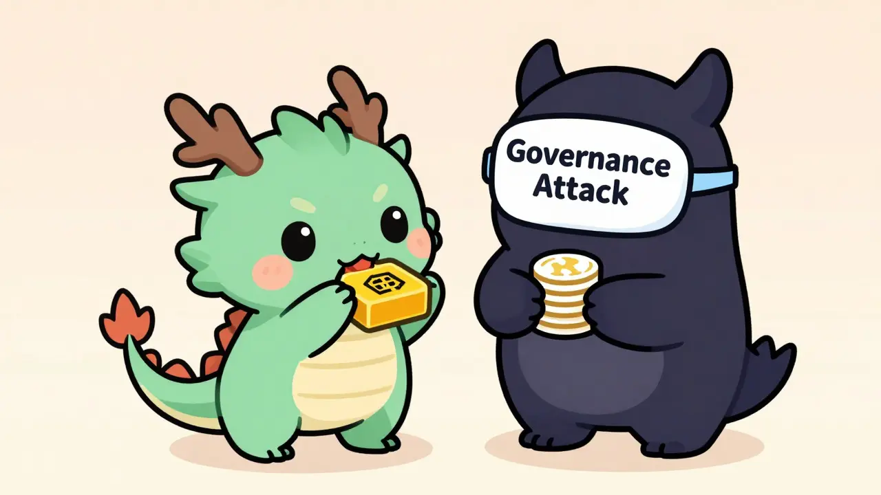 An adorable chibi dragon representing a decentralized organization's assets being threatened by a masked governance attacker holding voting tokens, illustrated in a soft, whimsical manga style.