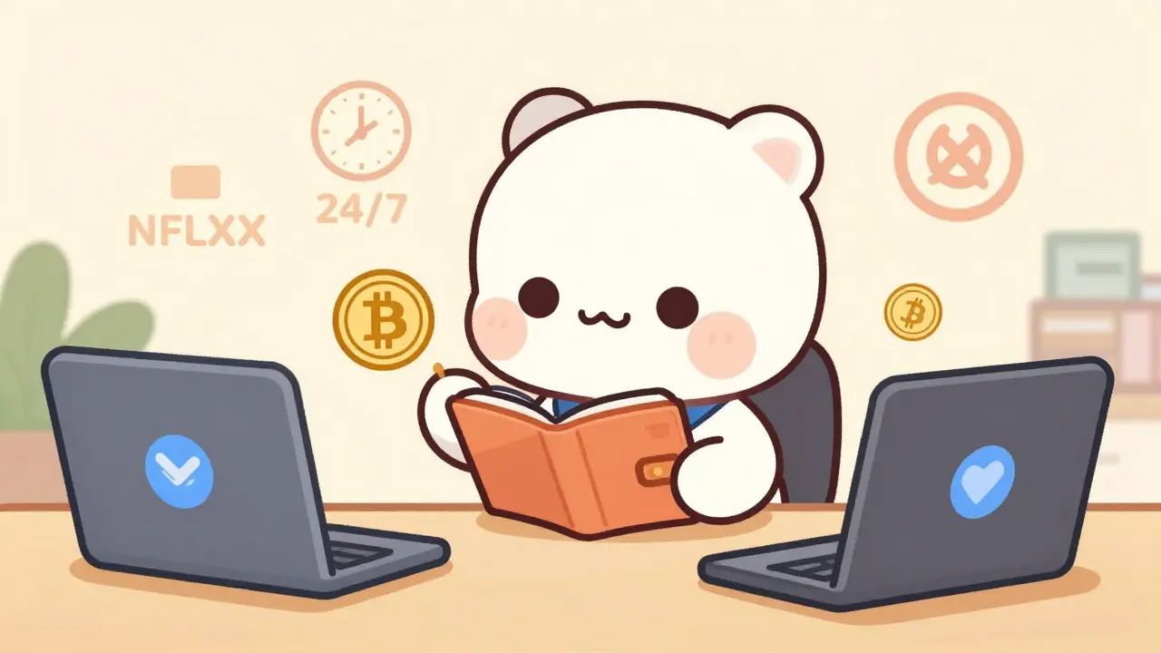 An adorable chibi figure managing crypto wallets and trading NFLXX tokens, with educational icons in the background.