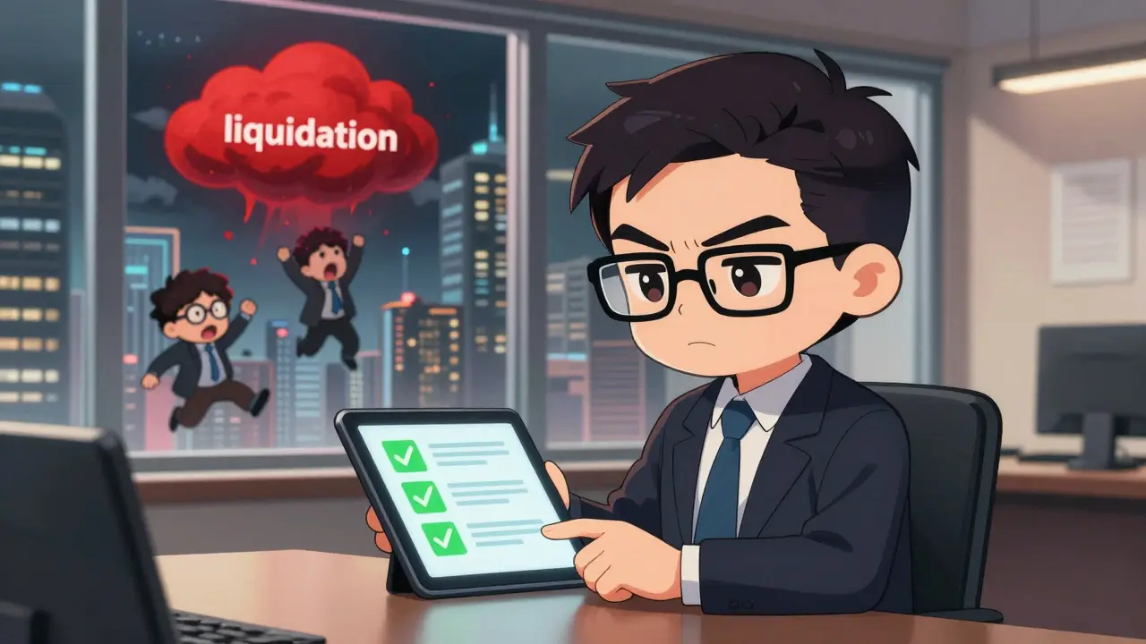 Calm chibi institution trader vs chaotic liquidation storm outside