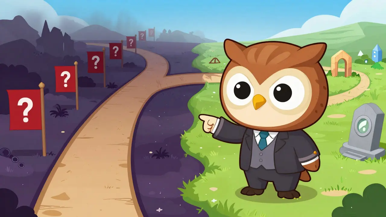Chibi advisor pointing to safe vs risky trading paths