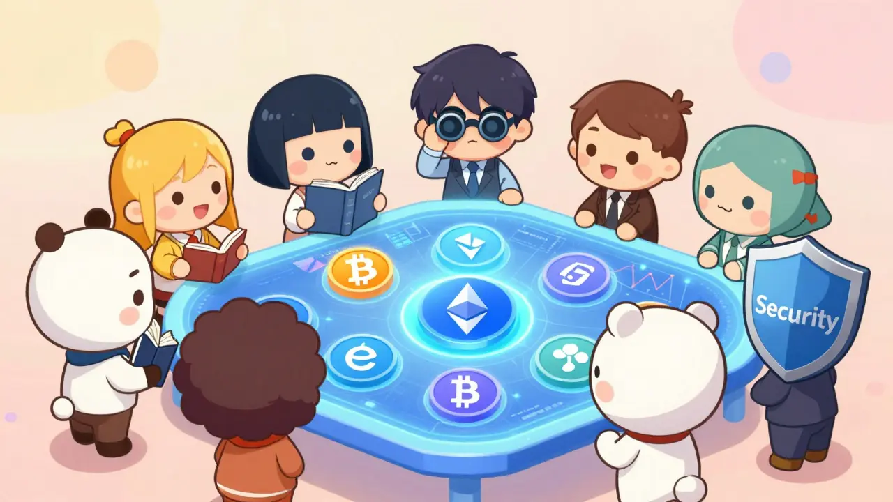 Chibi anime group learning about different crypto strategies