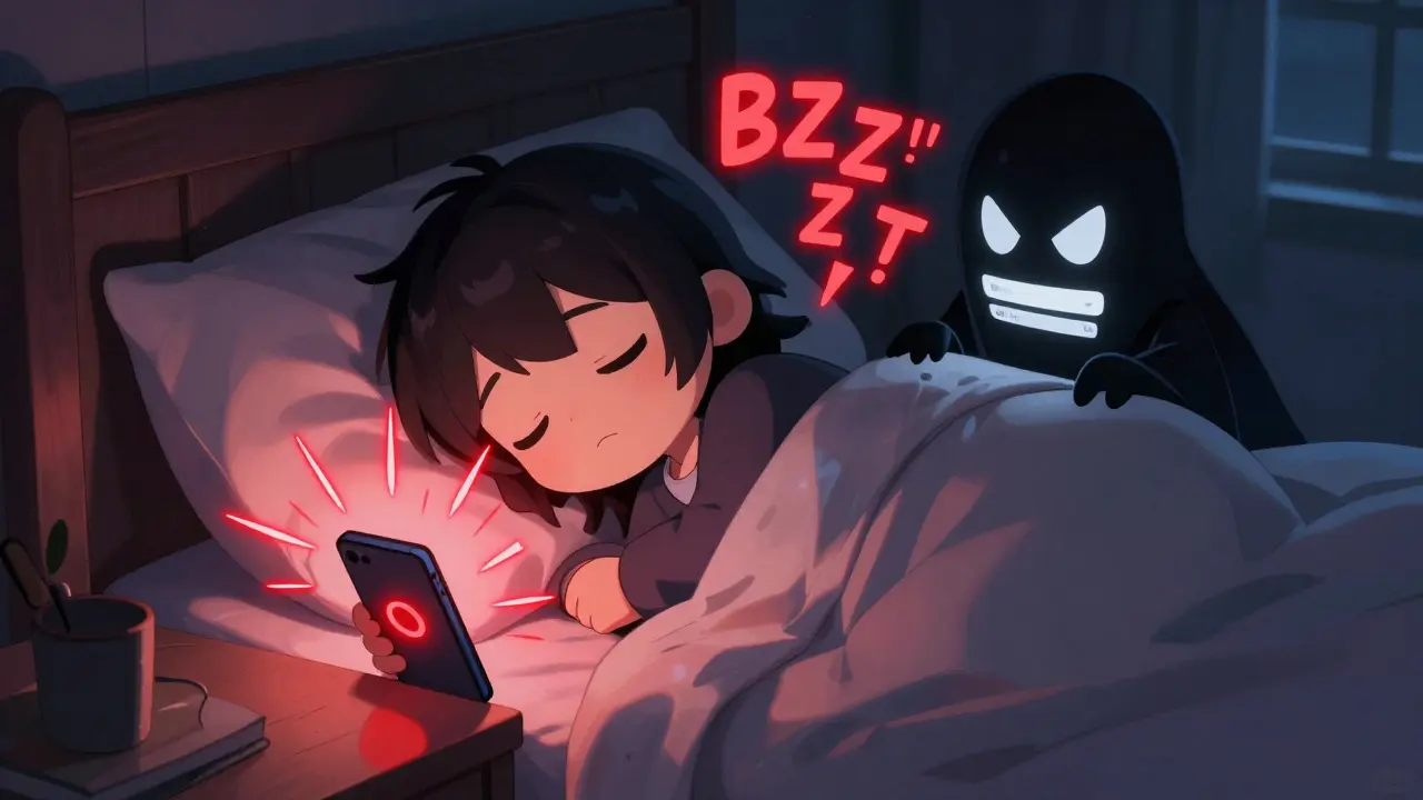 Chibi character annoyed by phone buzzing with endless fake login alerts