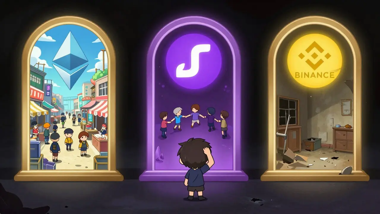 Chibi character choosing between different blockchain portals