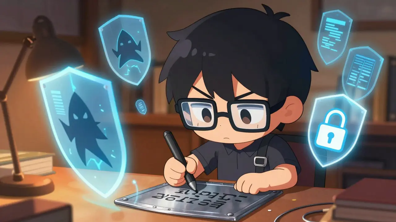 Chibi character writing seed phrase on metal plate with protective shields