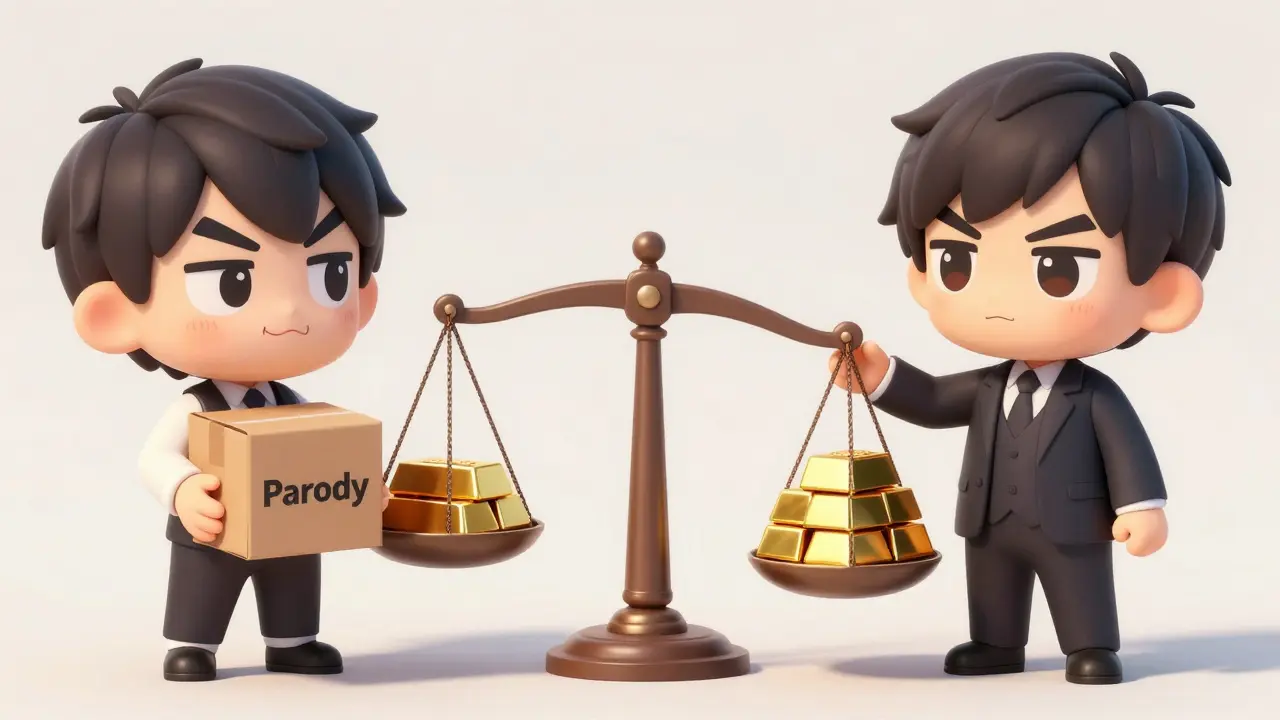 Chibi characters comparing parody token vs real assets on a scale